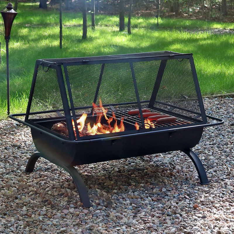 Sunnydaze Outdoor Camping or Backyard Rectangular Northland Fire Pit with Cooking Grill Grate, Spark Screen, Log Poker, and Fire Pit Cover - 36"