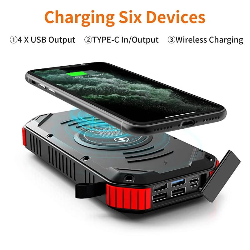 Charger,30000mAh Power Bank, PD 18W 3A Quick Charge, Wireless Protable Charger w/ 6 outputs Type-C, 4 Lighting Modes IP65 Waterproof Shockproof for iOS Android