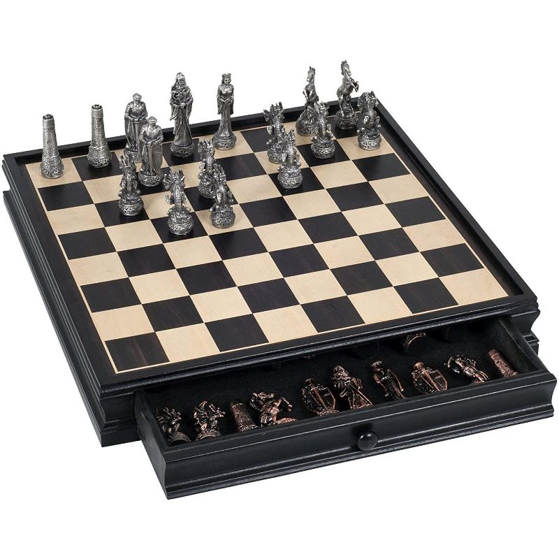 WE Games Fantasy Chess & Checkers Game Set - Pewter Chessmen & Black Stained Wood Board with Storage Drawers 15 in.