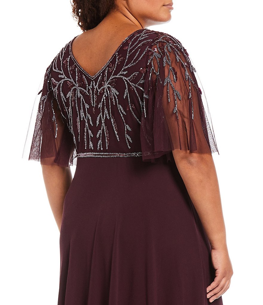 Jkara Plus Size Beaded Bodice Short Flutter Sleeve V-Neck Lined Gown