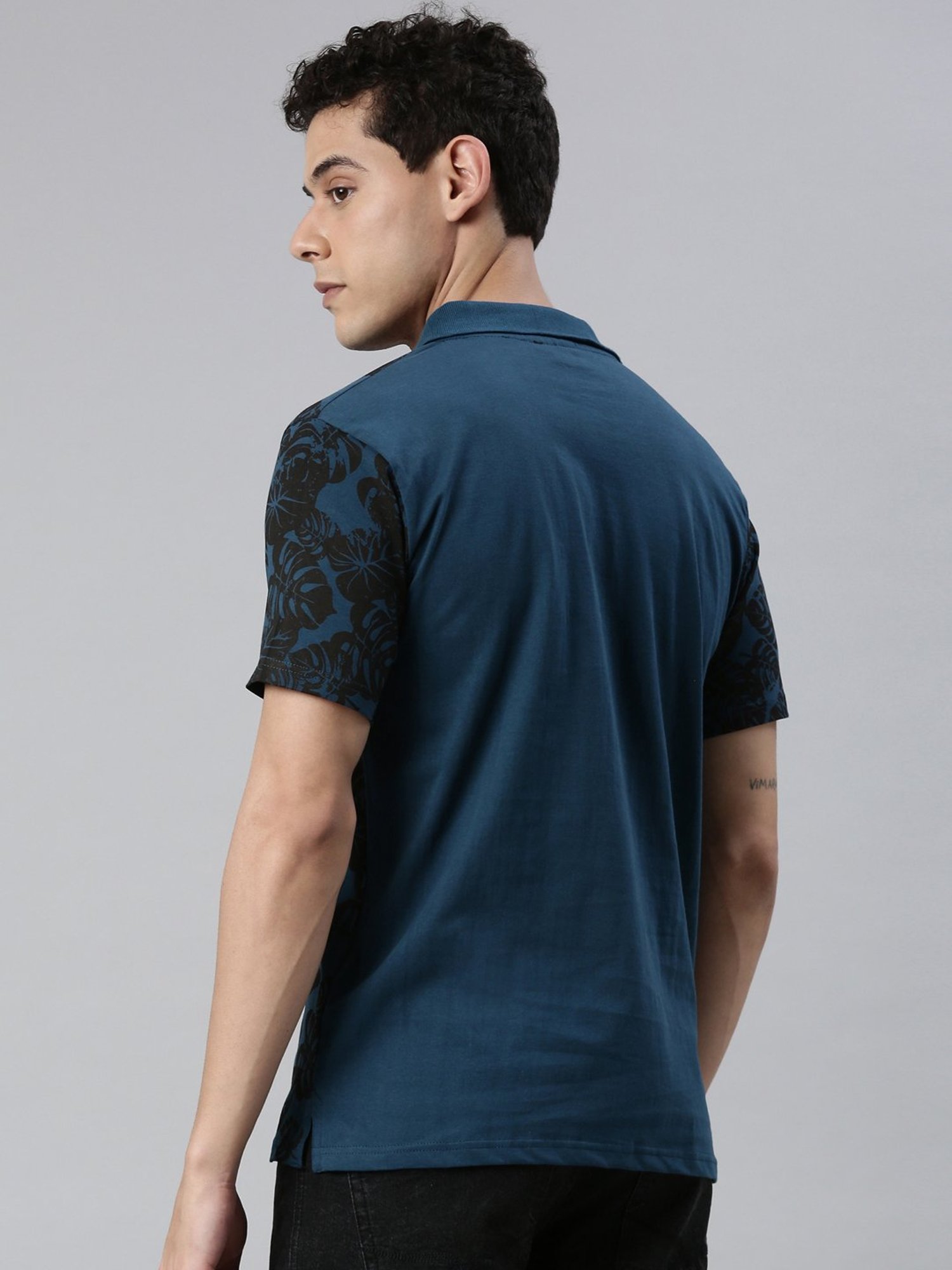 Kryptic Teal & Black Regular Fit Printed Cotton Polo T-Shirt