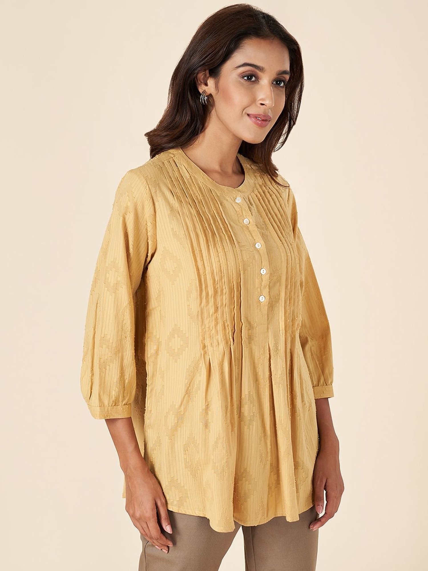 Akkriti by Pantaloons Mustard Cotton Self Pattern Tunic
