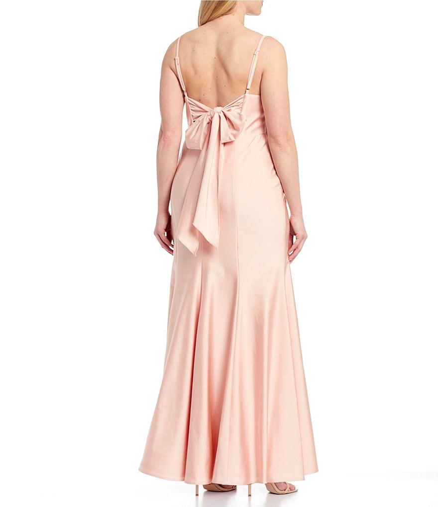 Morgan & Co. Plus Spaghetti Strap Square-Neck Bow Tie-Back Satin Long Dress