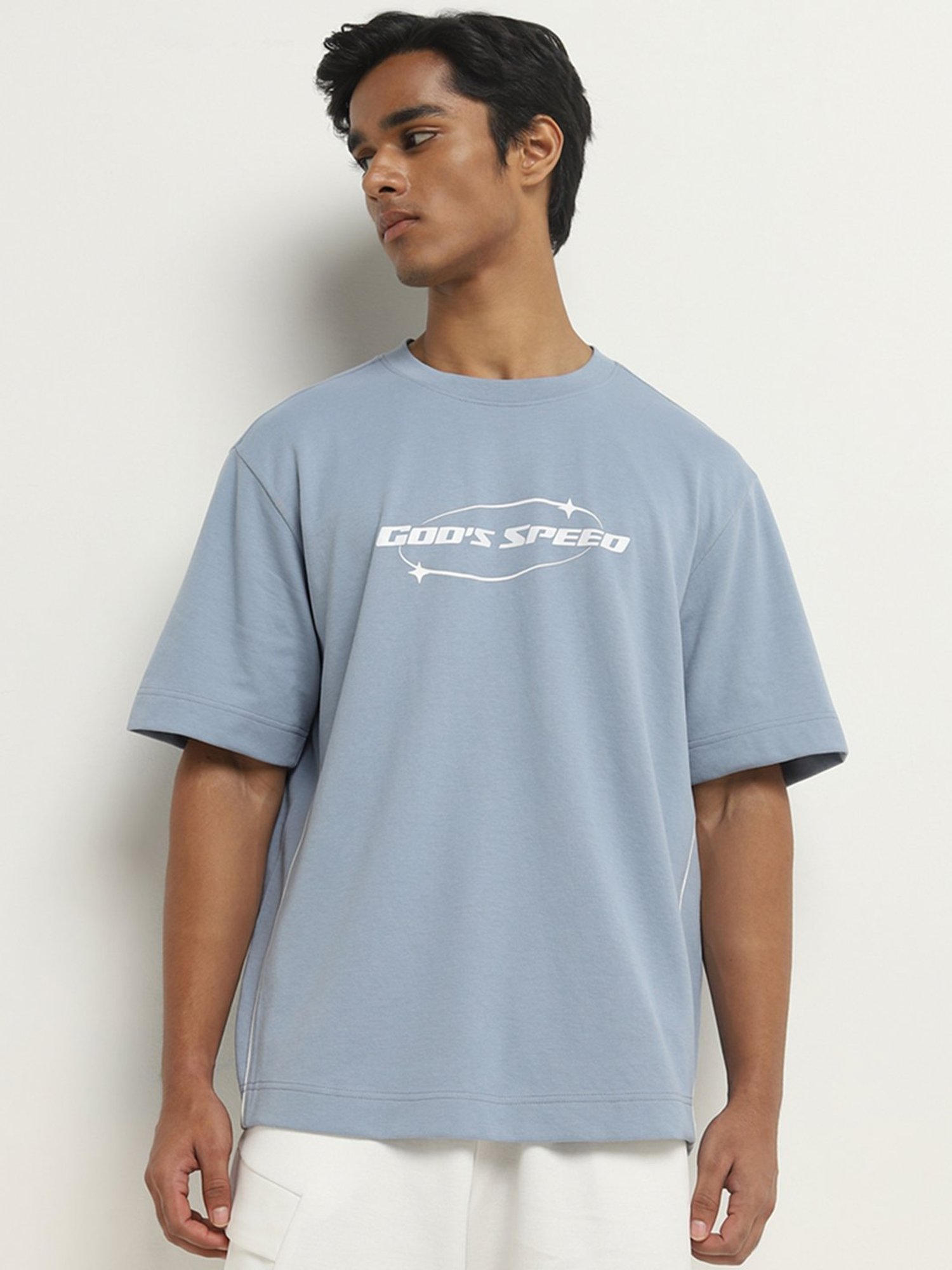 Studiofit by Westside Dusty Blue Text Printed Relaxed-Fit T-Shirt