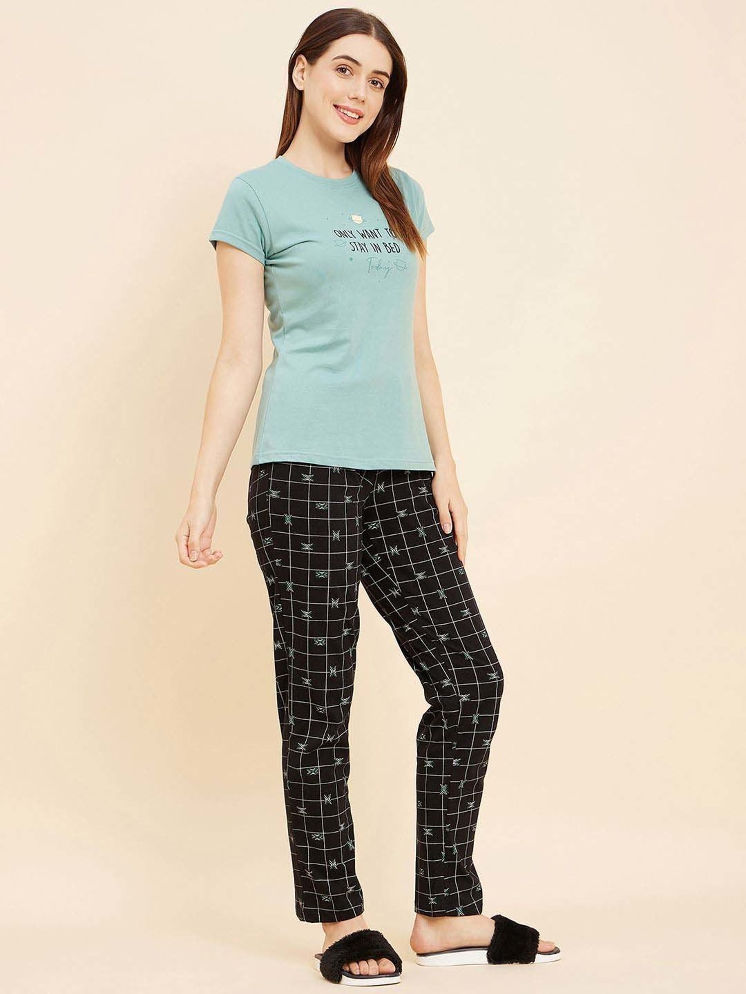 Sweet Dreams Marine Green & Black Cotton Printed T-Shirt Pyjama Set