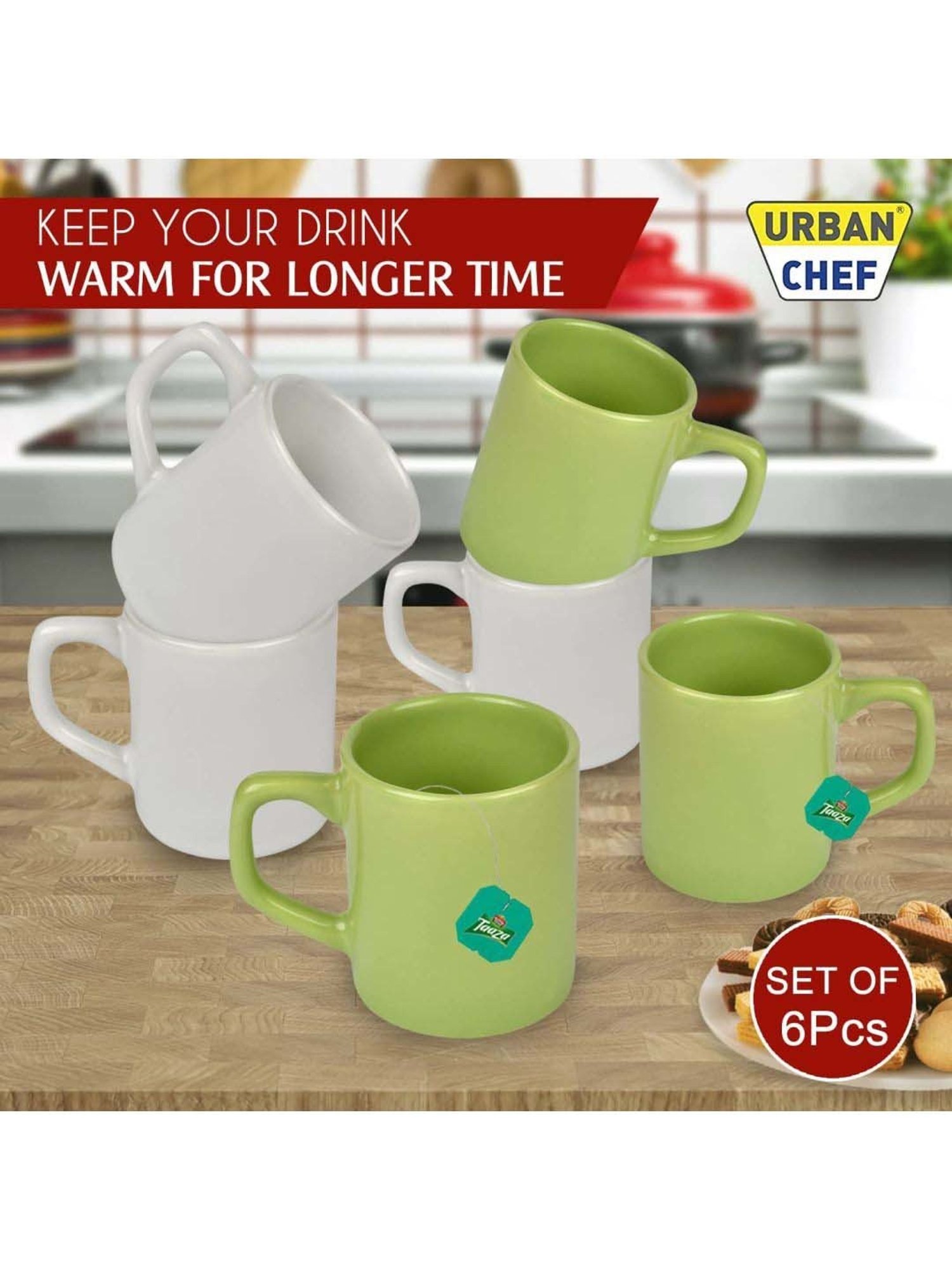 Urban Chef White & Parrot Green Ceramic Droite Handcrafted Microwave Safe Cup - Set of 6