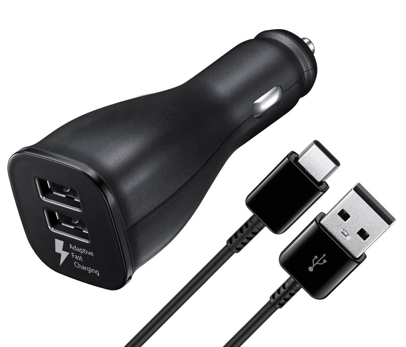 Cellvare Dual Port Fast Car charger for Samsung Galaxy S9, S8, S7, S6 & Note 8 With Type C and Micro USB Cable - Black