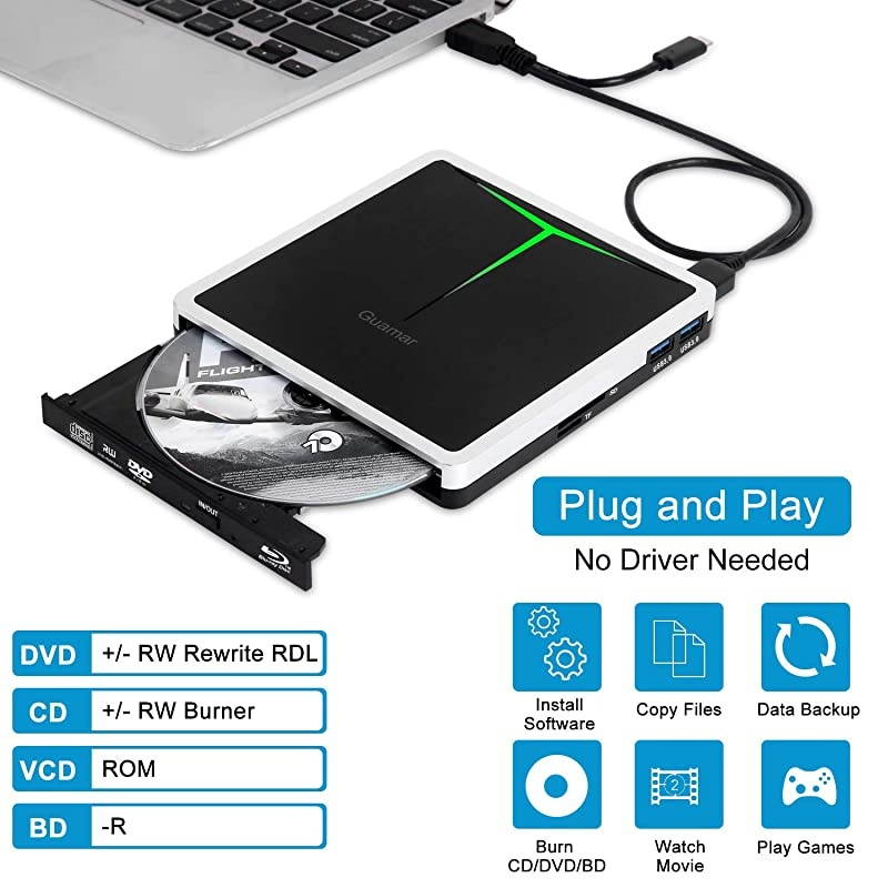 External Bluray DVD Drive, USB 3.0 and Type-C Blu-Ray Writer Portable DVD Burner Slim 3D Bluray BD CD DVD Drive Player for Laptop Mac OS PC Desktop Windows Support SD/TF Card Reader