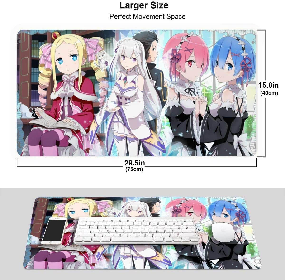 Re Zero Anime Mouse Pad Gaming Mouse Pads Non-Slip Rubber Base Mouse Pad Desk Accessories Keyboard Pad Large Size (29.5x15.8 in / 75x40cm) for Work Gaming Office Home