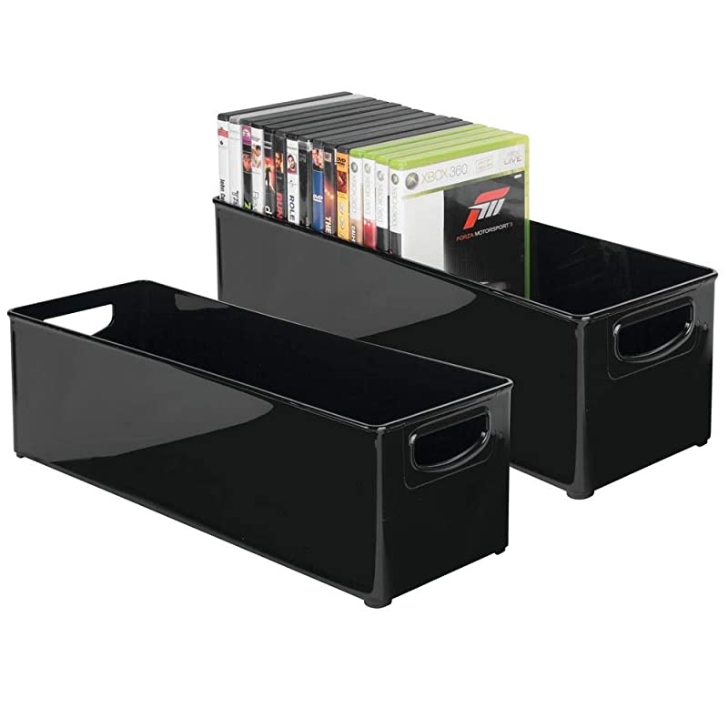 Plastic Stackable Household Storage Organizer Container Bin with Handles for Media Consoles Closets Cabinets Holds DVDs Video Games Gaming Accessories Head Sets 2 Pack Black