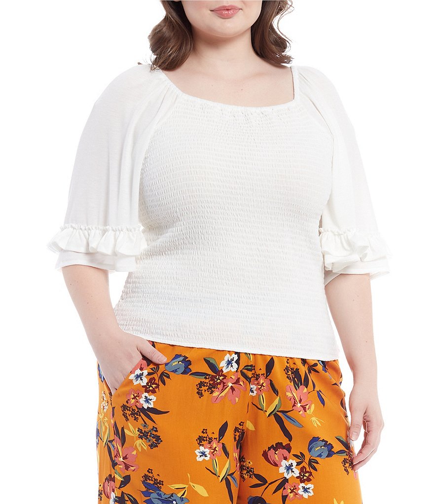 Jessica Simpson Plus Size Sylvia Square Neck Ruffle Bell Short Sleeve Smocked Top