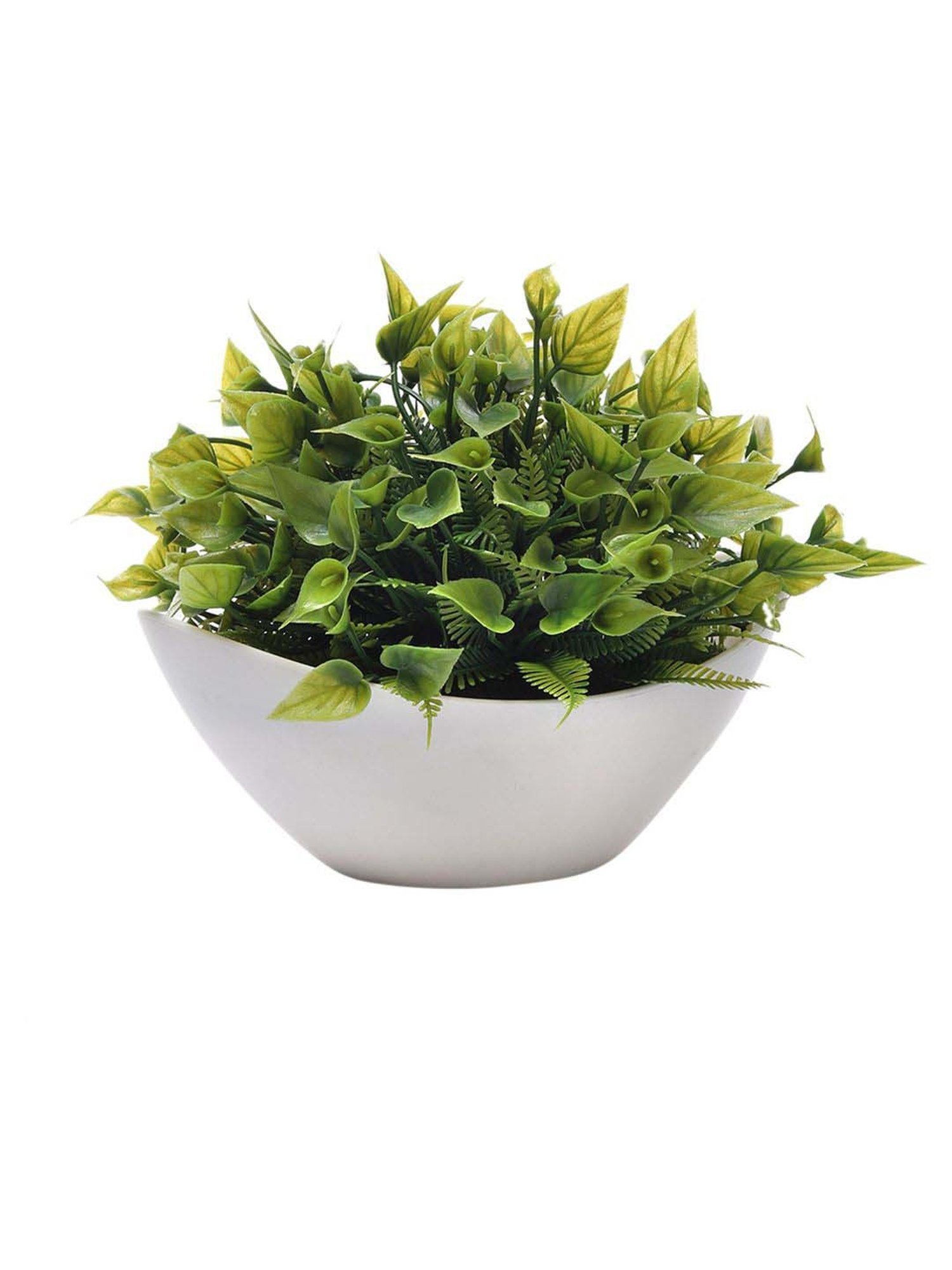 Foliyaj Green & White Plastic Artificial Plant With Leaves And Flowers