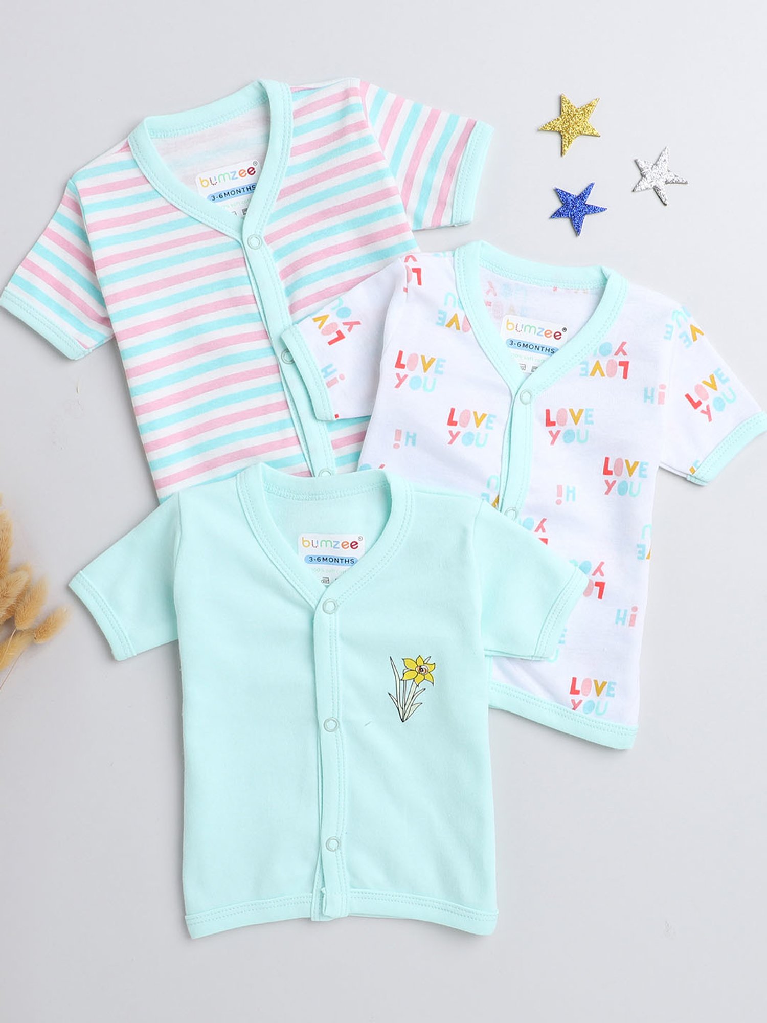 Bumzee Kids Blue & White Printed Jhablas (Pack Of 3)