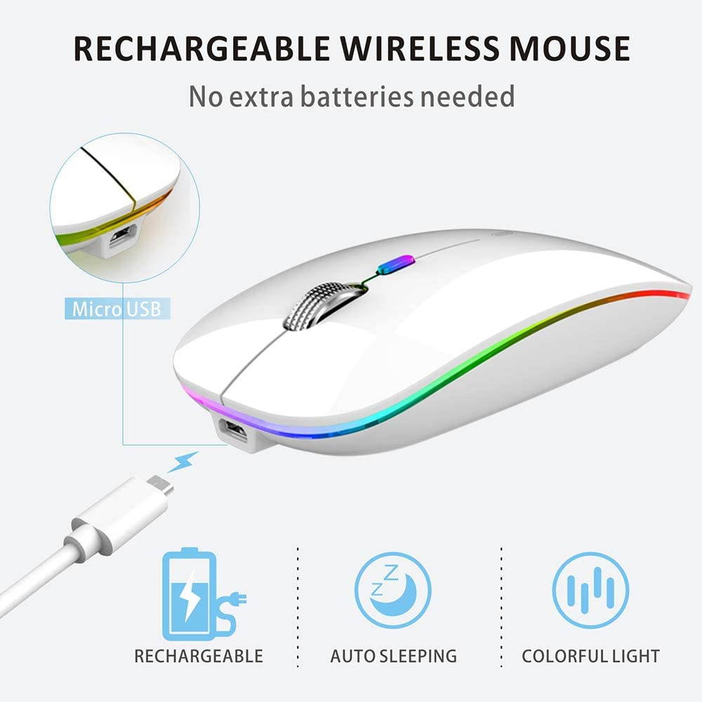 LED Wireless Mouse, Uiosmuph G12 Slim Rechargeable Wireless Silent Mouse, 2.4G Portable USB Optical Wireless Computer Mice with USB Receiver and Type C Adapter (White)
