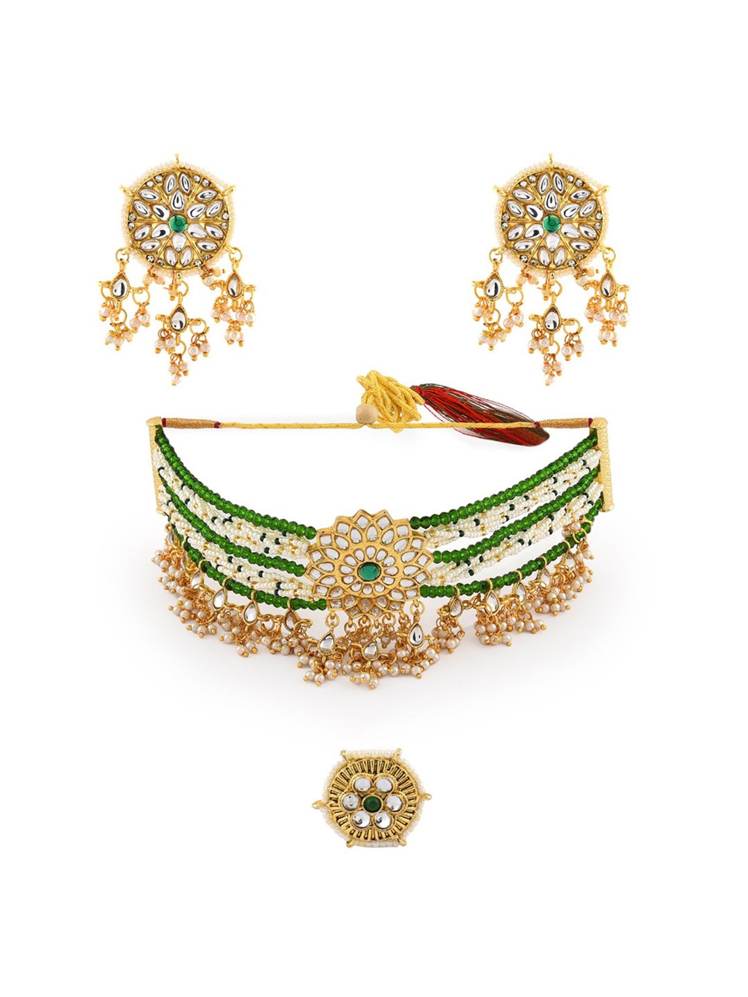 Zaveri Pearls Green Crystals Beaded Traditional Kundan Choker Necklace Earring & Ring Set-ZPFK11065