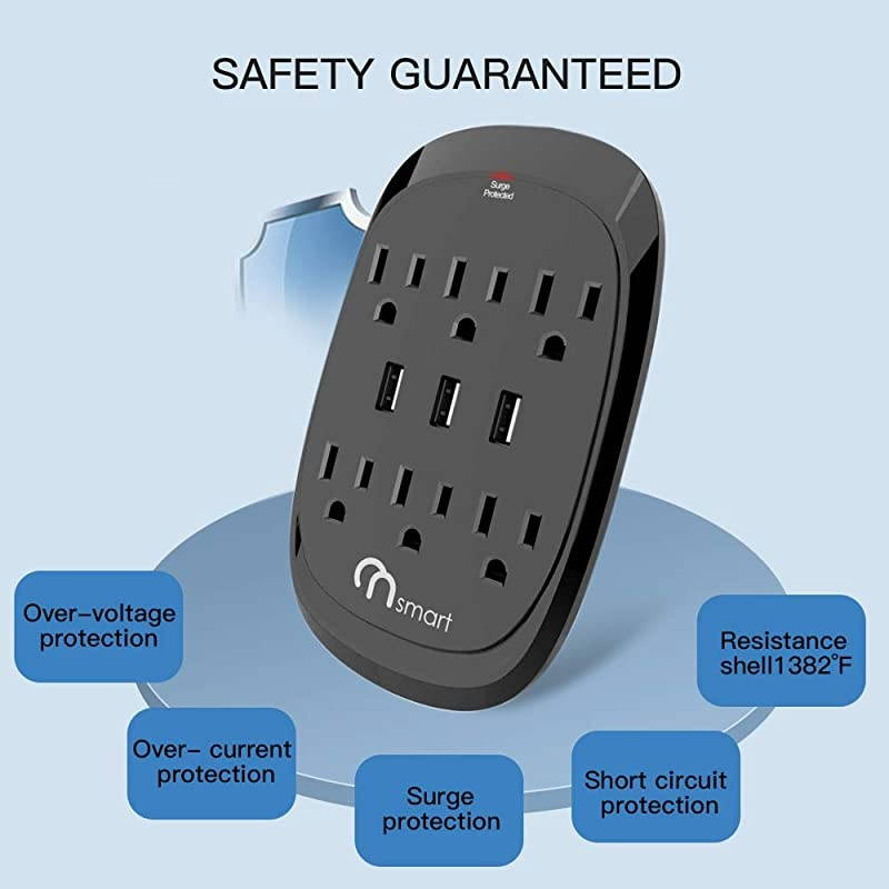 ON USB Wall Tap Surge Protector with 6 outlets 3 USB, 3.4A Output, Portable Wall-Mount Socket, 300J Surge Protection &  Charging for Home- Office- Kitchen- Travel (2 Pack)