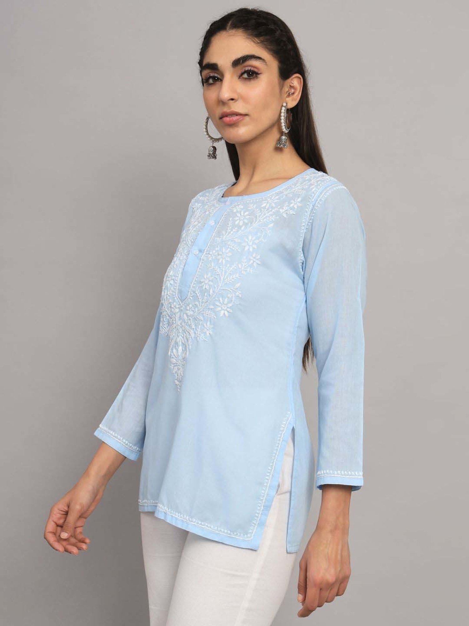PARAMOUNT CHIKAN Powder Blue Cotton Chikankari Straight Kurti