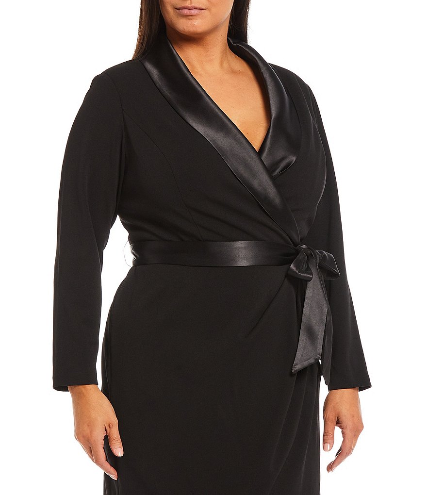 Adrianna Papell Plus Size Shawl Neck Long Sleeve Crepe Tuxedo Wrap Sheath Dress
