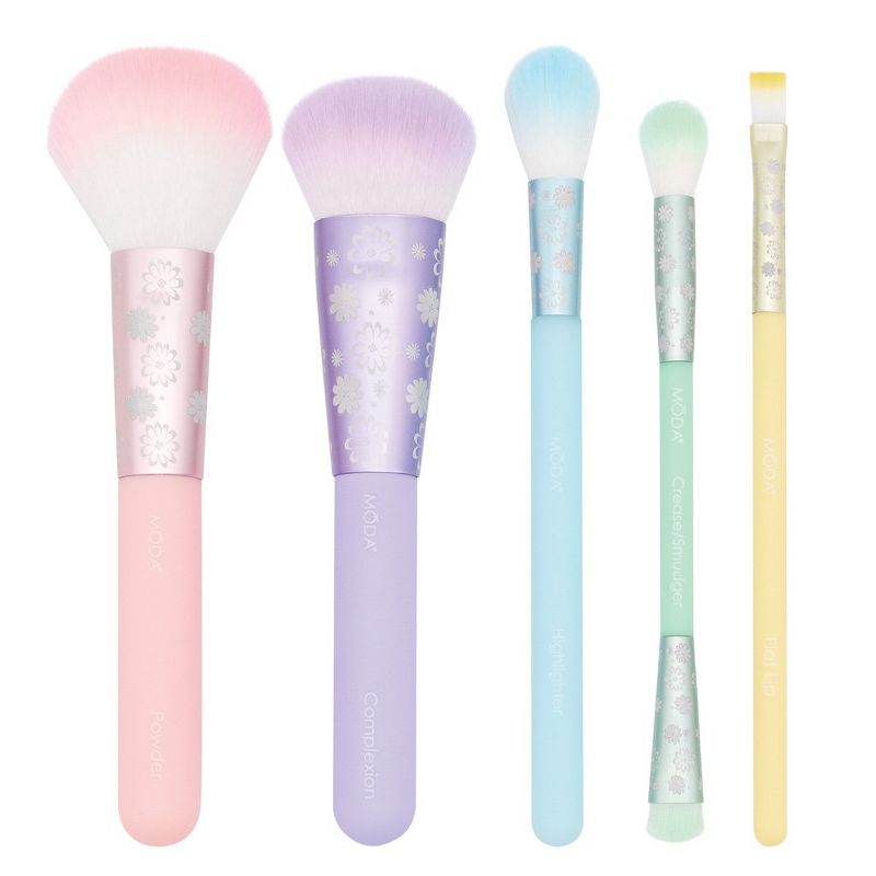 MODA Brush Posh Pastel 6pc Total Face Flip Kit Makeup Brush Set Set with Travel Flip Case, Includes - Powder, Highlighter, Crease/Smudger, and Flat Lip Brushes