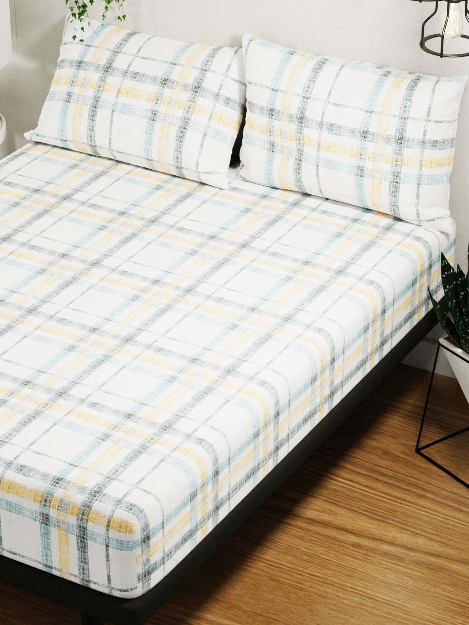 BIANCA Platinum Blue & Gold Cotton 144 TC Double Size Bed Sheet With Pillow covers