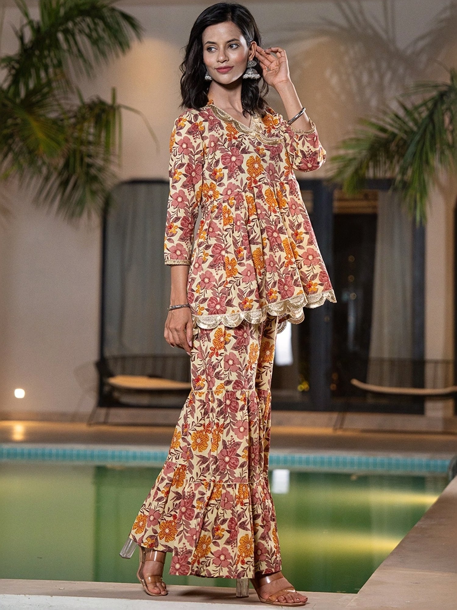 Yufta Beige & Pink Cotton Printed Top Sharara Set