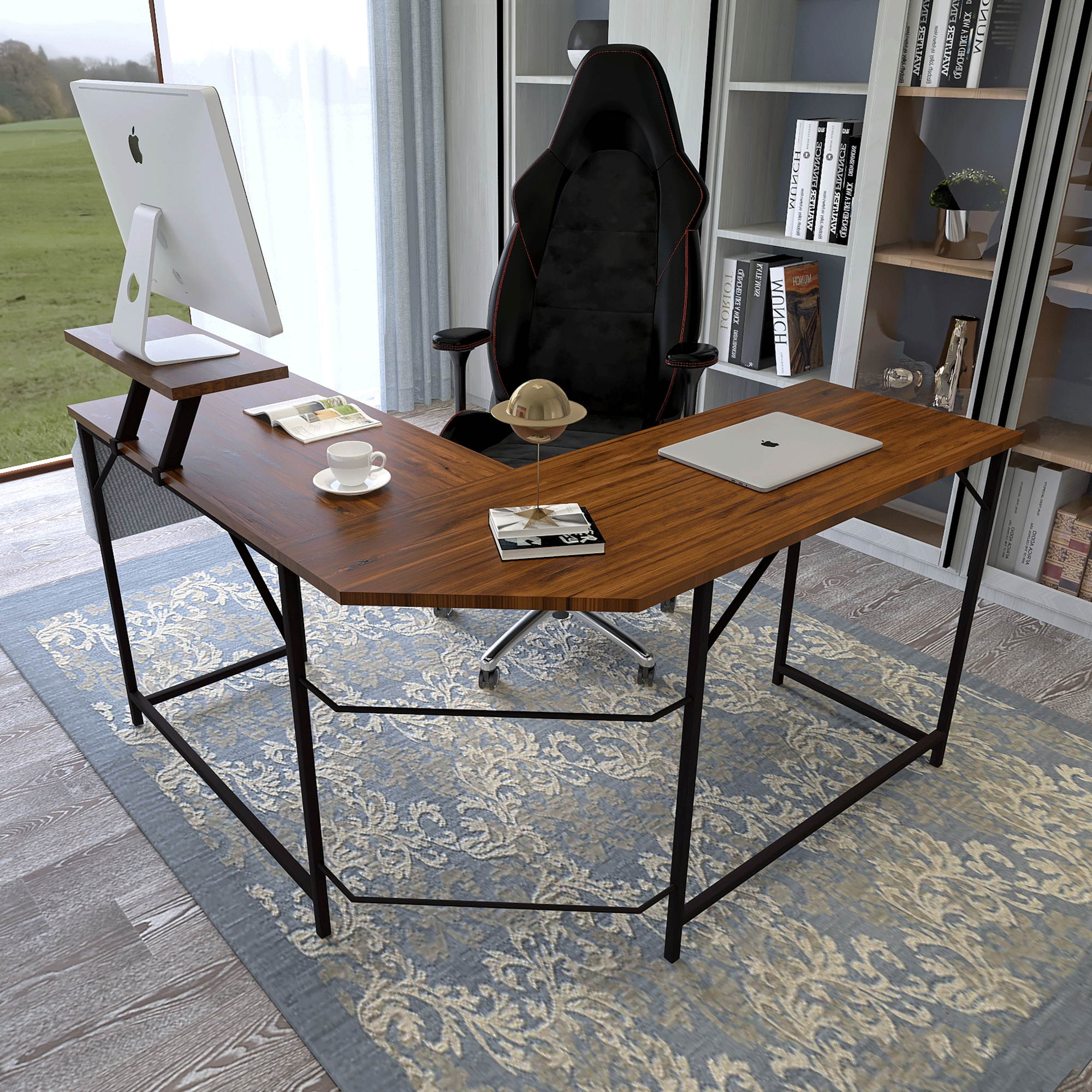 66" L Shape Desk Computer Desk Study Writing Table Home Office Desk Gaming Desk with Bag Hook and Cloth Drawer Storage Bag,Wood & Metal Pella Oak