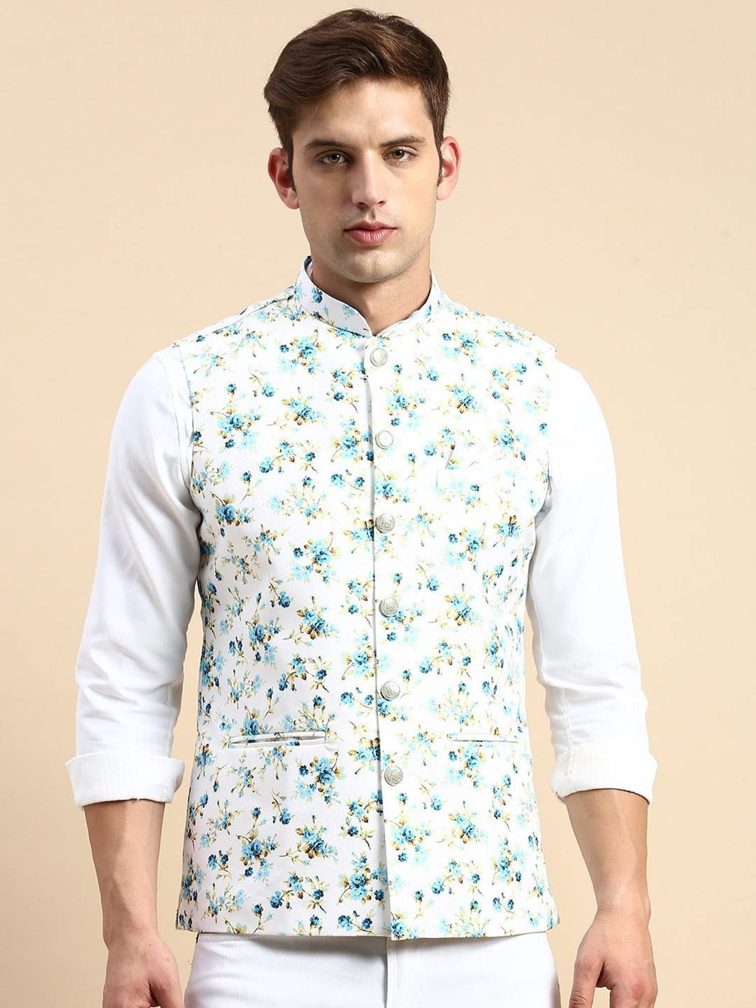 VASTRAMAY Teal Green Regular Fit Printed Nehru Jacket