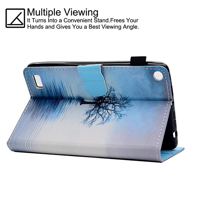Case for  Kindle Fire 7 5th Generation 2015 Release Synthetic Leather Magnetic Closure Stand Cover with Card Slots for 2015 Fire 7 Display ONLY Blue Tree