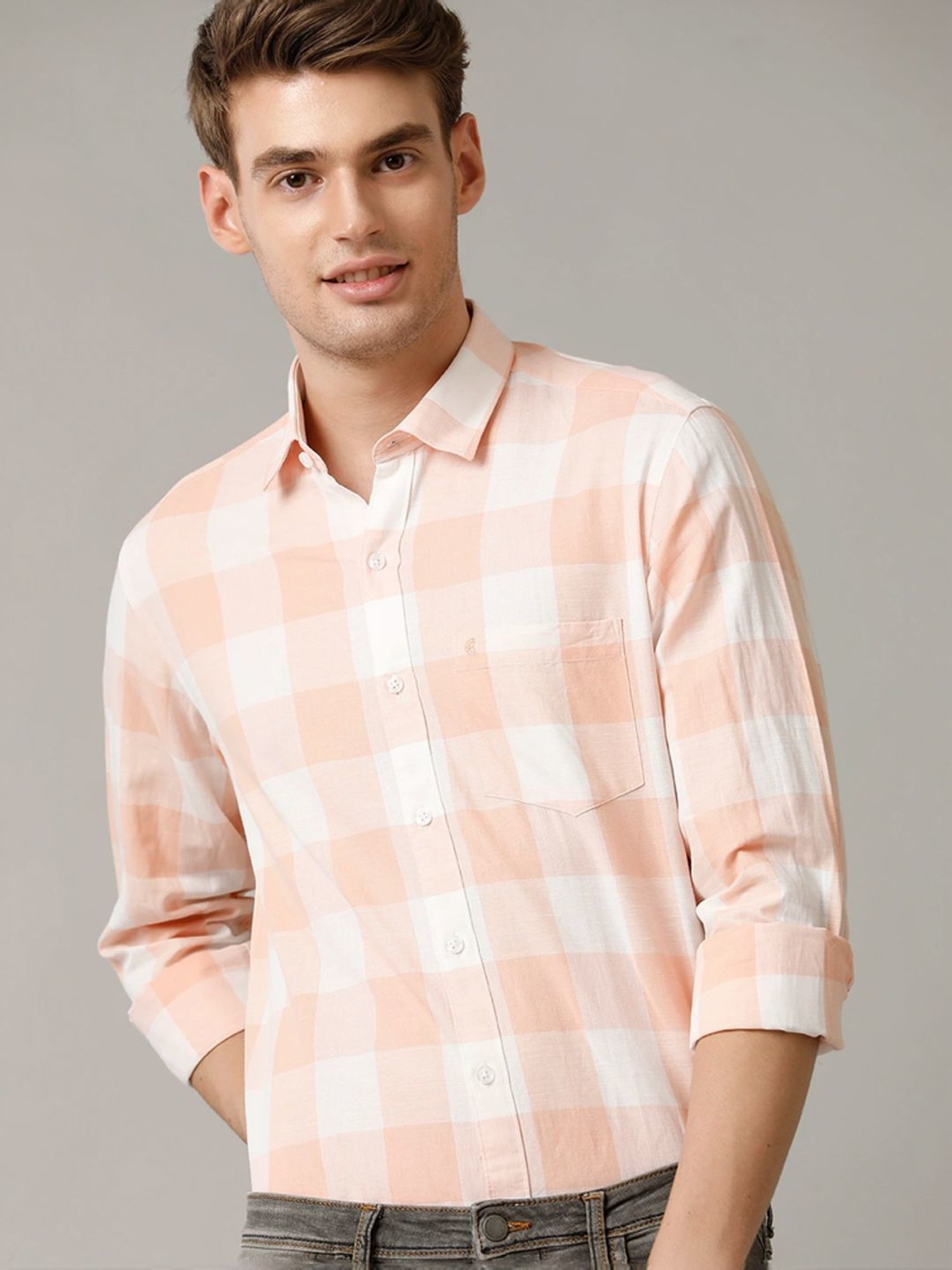 Cavallo By Linen Club Orange Linen Contemporary Fit Checks Shirt