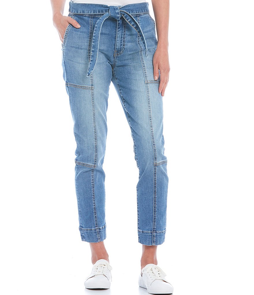 KUT from the KLOTH Reese High Rise Self Tie Belt Straight Leg Paneled Ankle Jeans