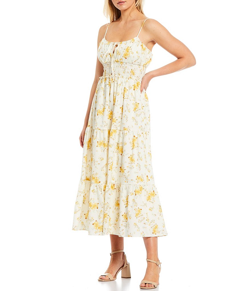 WAYF Smocked Waist Square Neck Midi Dress