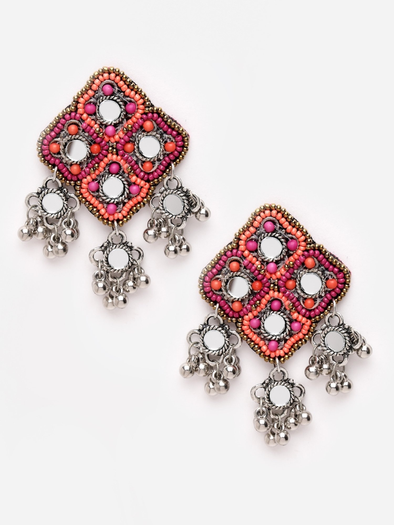 Moedbuille Pink Beads & Mirrors Studded Afghan Design Oxidized Silver-Plated Drop Earrings