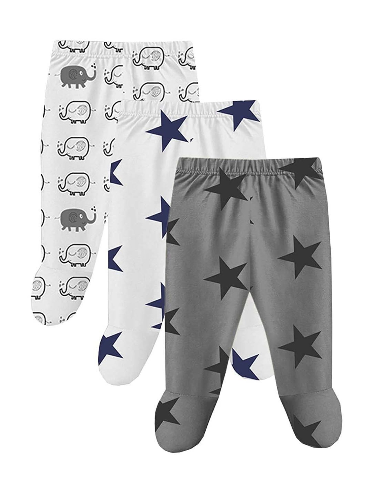 A.T.U.N. Kids White & Grey Cotton Printed Footies (Pack of 3)