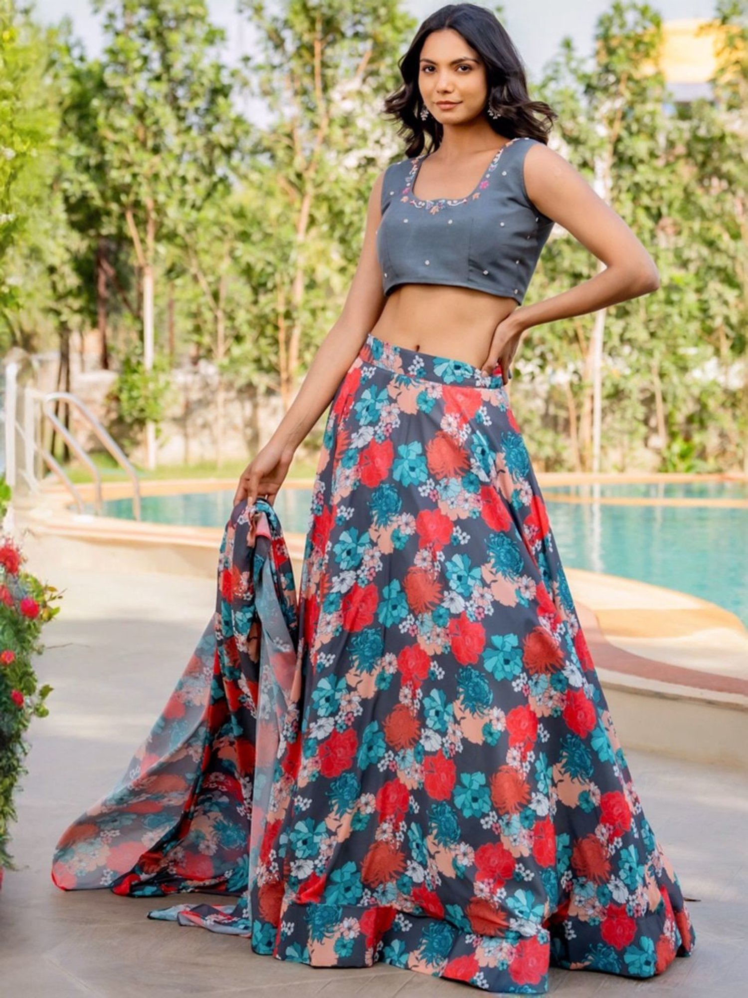 HOUSE OF JAMOTI Grey Printed Lehenga Choli Set With Dupatta