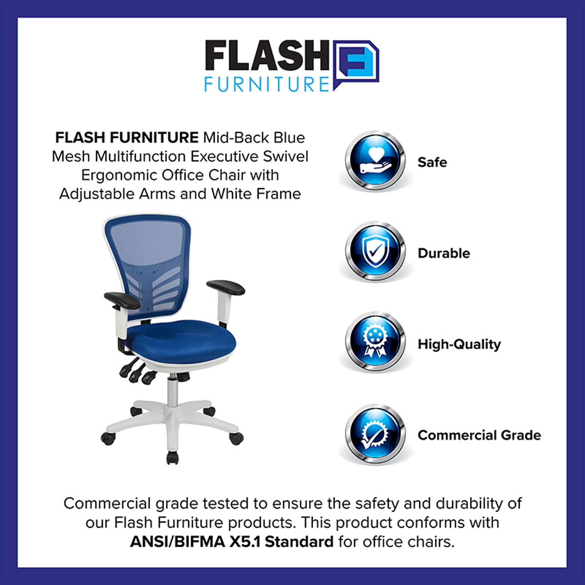 Mid-Back Blue Mesh Multifunction Executive Swivel Ergonomic Office Chair with Adjustable Arms and White Frame