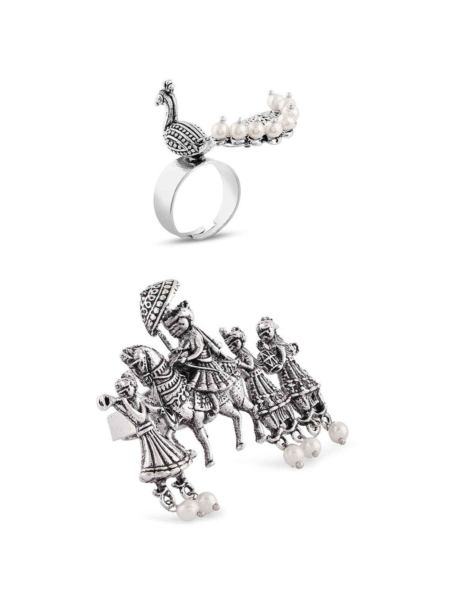 Zaveri Pearls Set of 2 Barat & Peacock Design Antique Oxidized Adjustable Finger Ring-ZPFK16854