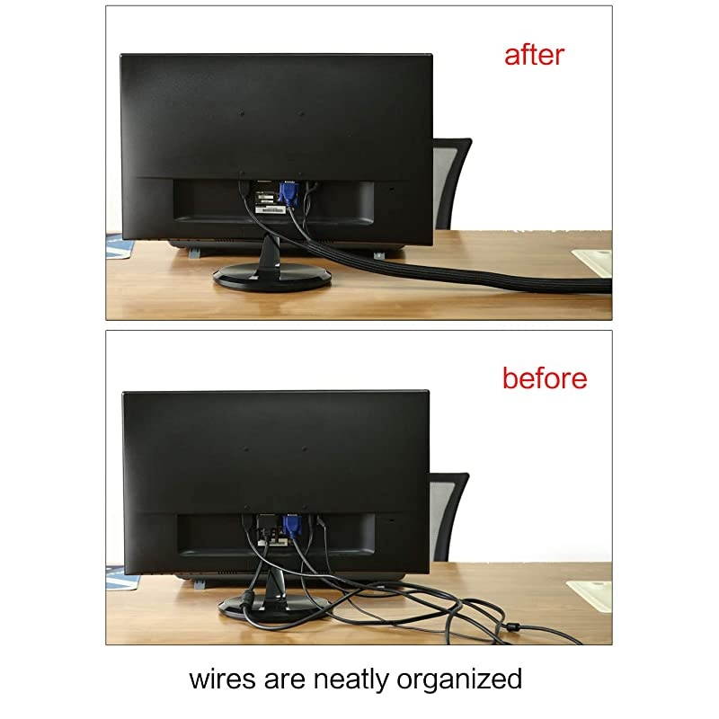 10ft 12 inch Cable Management Sleeve Wire Loom Cord Protector Self Wrap Cable Sleeve Split Sleeving Cord Organizer For TV Computer Automotive Office Home Entertainment Black