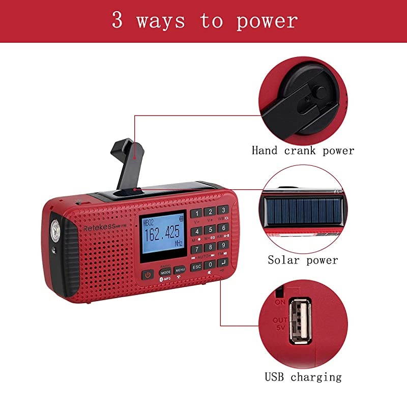 HR11W Digital NOAA Weather Radio, Solar Radio Bluetooth, Wind Up Radio Emergency with Phone Charger, TF Socket, SOS Alarm, for Hurricanes (Red)
