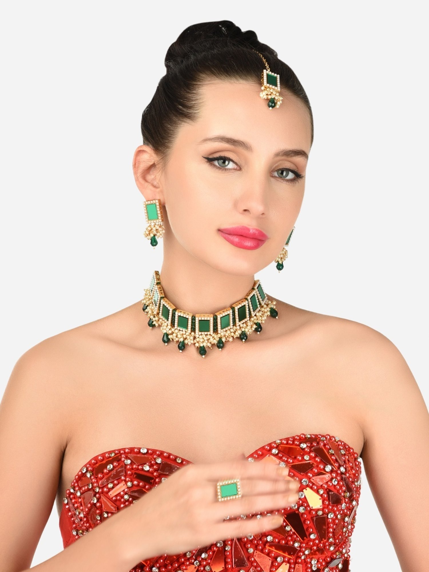 Zaveri Pearls Green Mirror & Cluster Pearls Necklace, Earring, Maangtikka & Ring Set