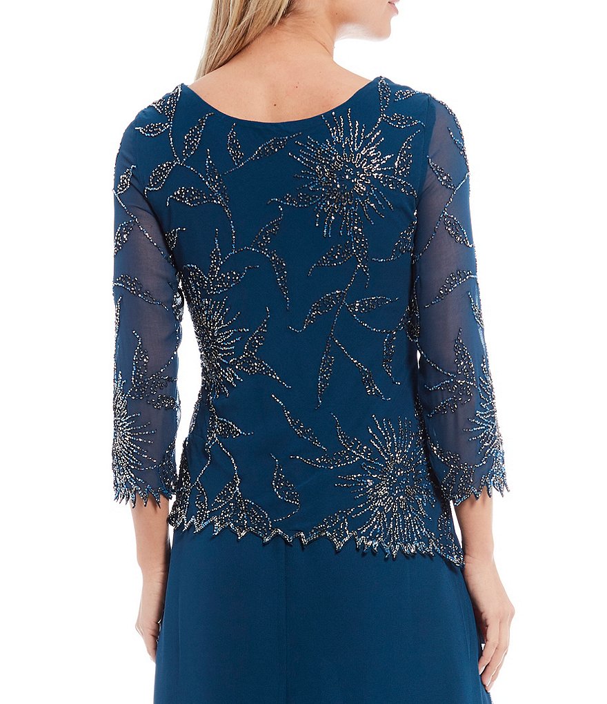 Jkara Asymmetrical Beaded Bodice 3/4 Sleeve Chiffon Gown