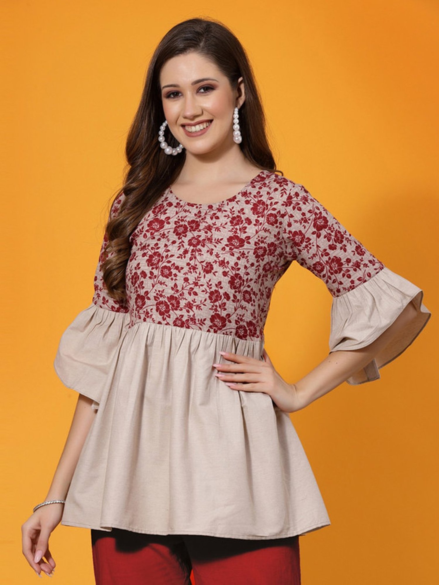 SELVIA Beige & Maroon Floral Print Top