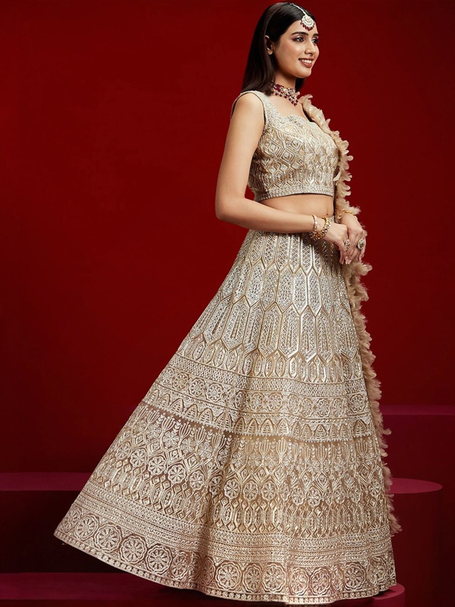 Silk Land Beige & Blue Woven Pattern Semi Stitched Lehenga Choli Set With Duppata