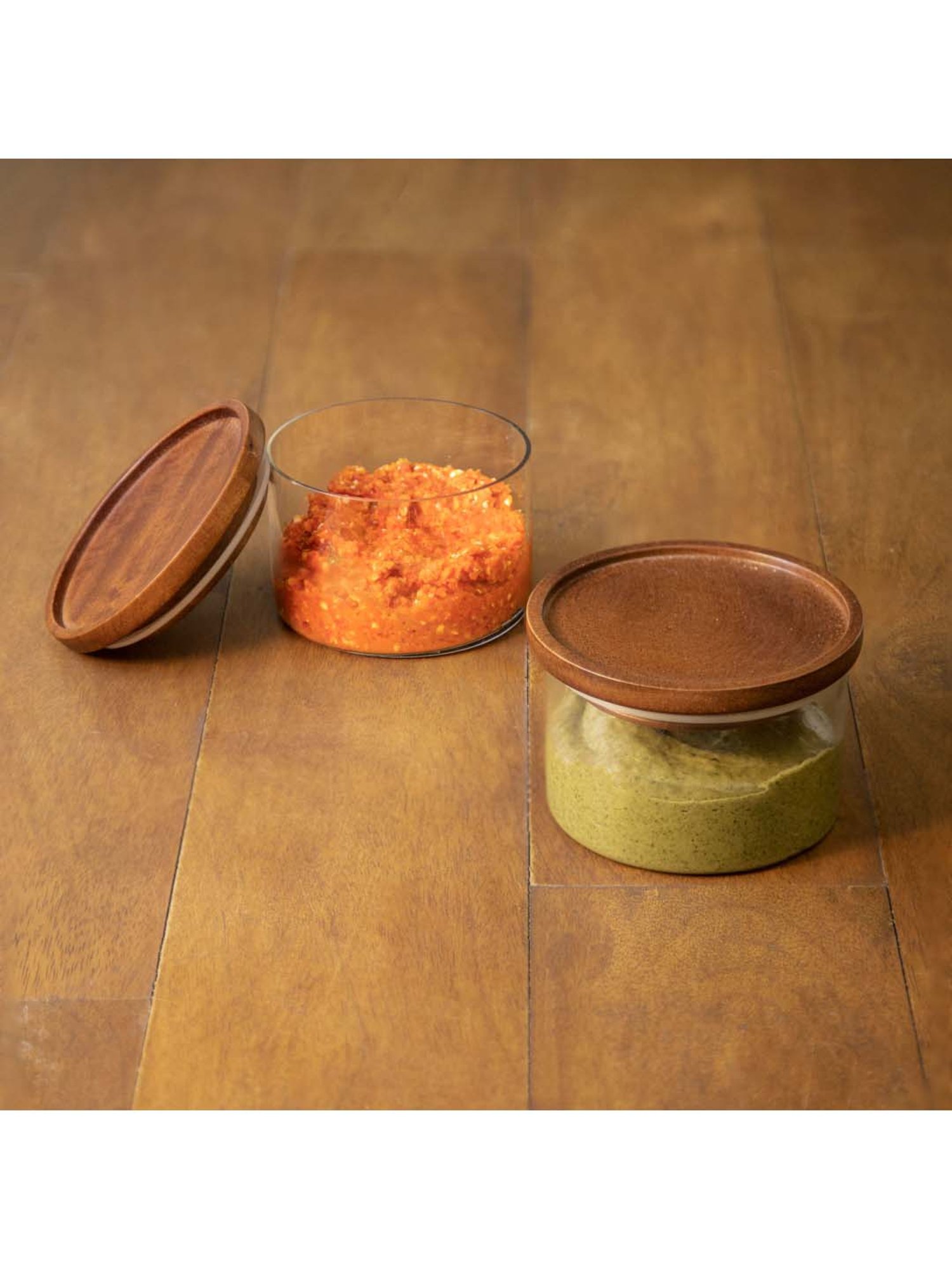 Ellementry 'Stackable' Transparent & Brown Glass 10 cm Masala Container (0.15 L) - Set of 2