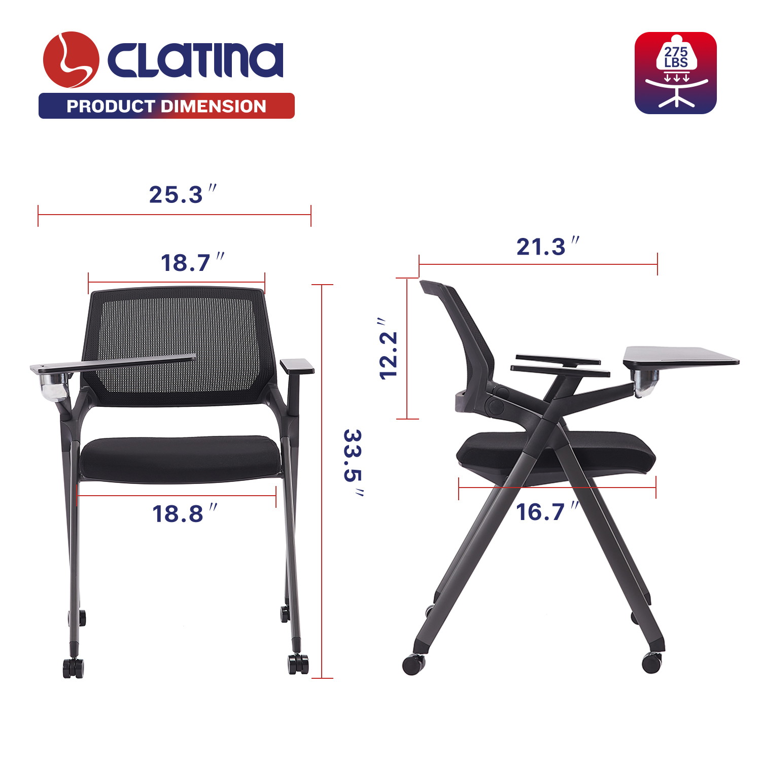 CLATINA Tablet Arm Chair with Caster Wheels Mesh Guest Nesting Stacking for Office School Classroom Training Conference Waiting Room Gray