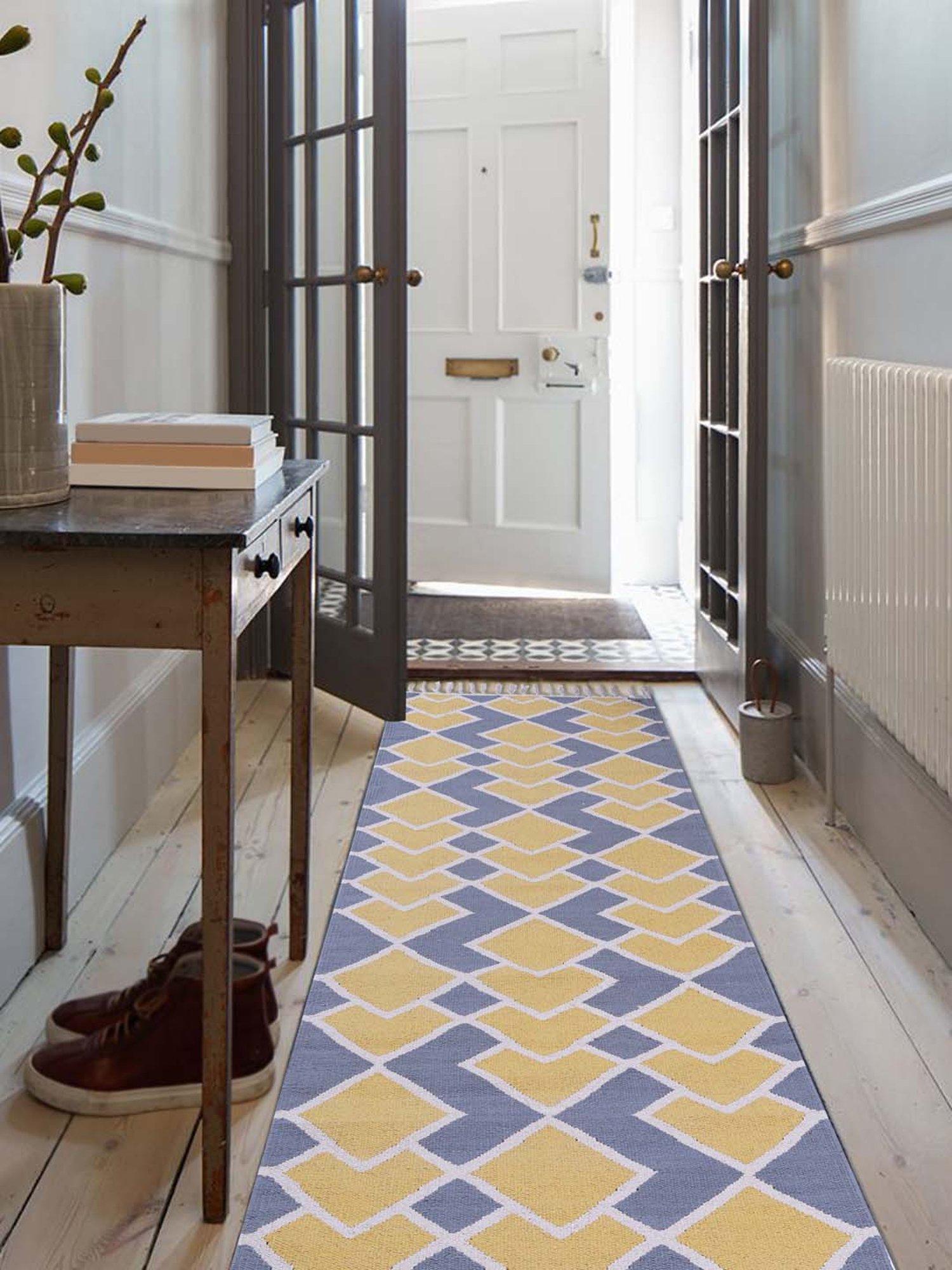 Pequra Yellow & Blue Cotton Floor Covering Mosaic Runner Rug