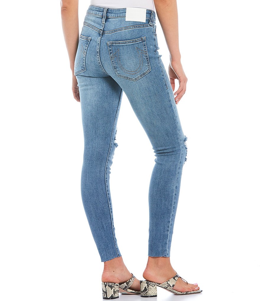 True Religion Halle Mid Rise Horseshoe Tonal Stitching Back Pocket Destruction Detail Raw Hem Skinny Jeans