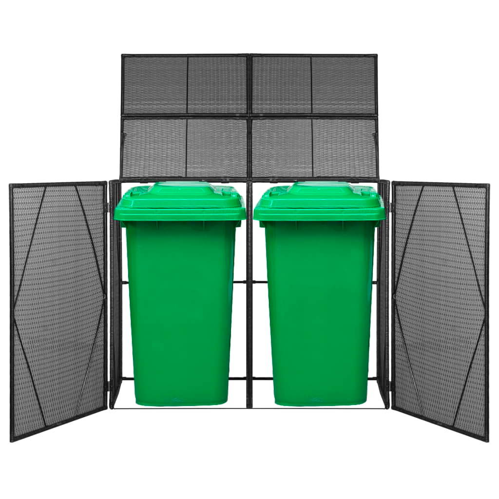 vidaXL Double Wheelie Bin Shed Black Poly Rattan Outdoor Garbage Trash Box