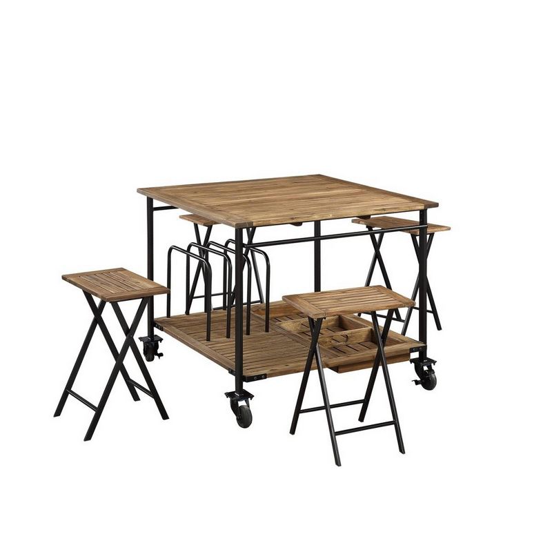 5pc Plank Design Wooden Dining Set with Foldable Stools Brown - Benzara