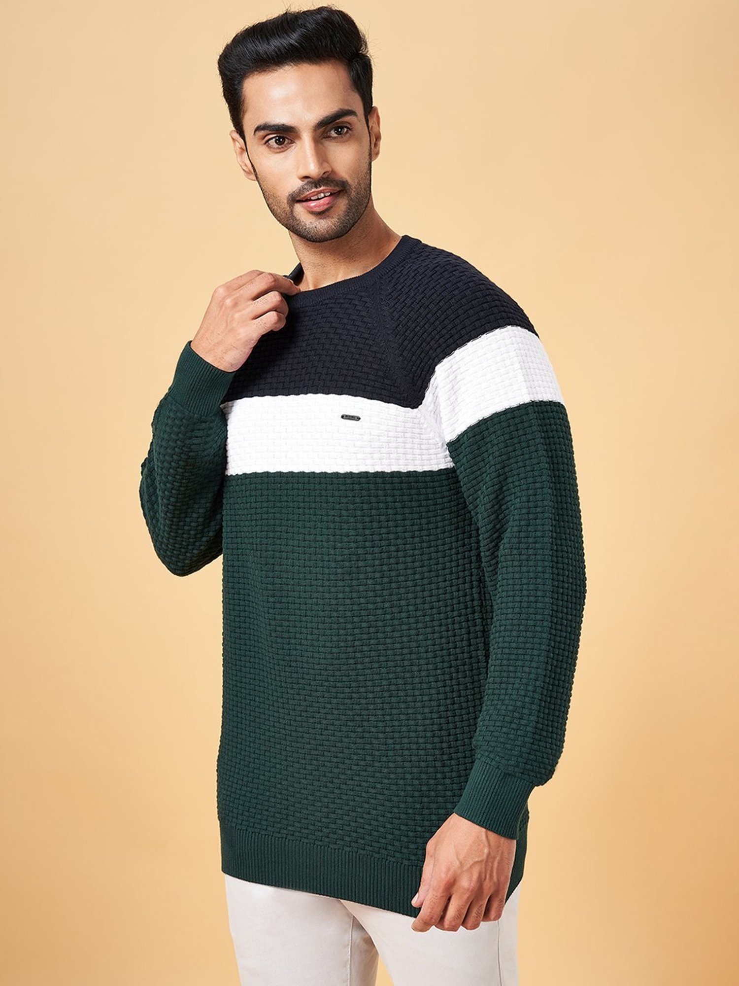 Byford by Pantaloons Multicolored Cotton Slim Fit Colour Block Sweater