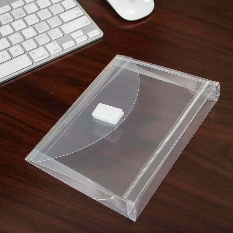 JAM Paper 5 1/2'' x 7 1/2'' 12pk Plastic Envelopes with Hook & Loop Closure, 1" Expansion, Index Booklet - Clear